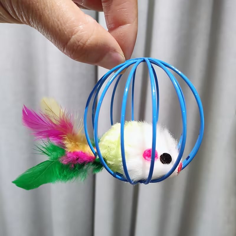Interactive Cat Toys - Cage Mouse with Feathers - Image 2
